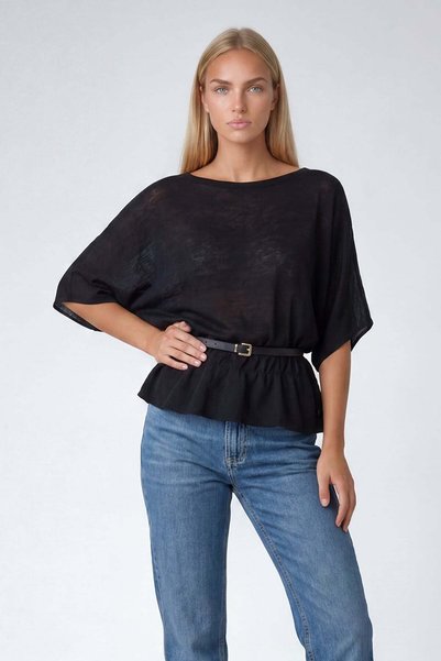 Women's Black Boat Neck Belt Detail Knitted Blouse Alc-X15403