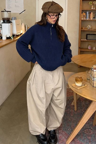 Navy Blue Zipper Collar Basic Sweater Mg1960