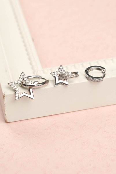 Women's Gray Star Figured 3-Piece Steel Earring Set
