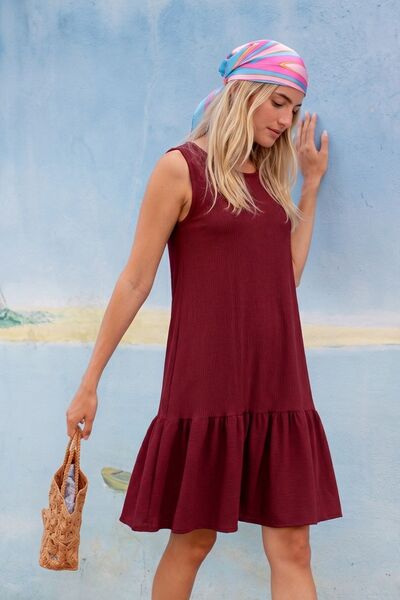 Women's Burgundy Sleeveless Skirt Ruffle Dress Arm-26Y001081