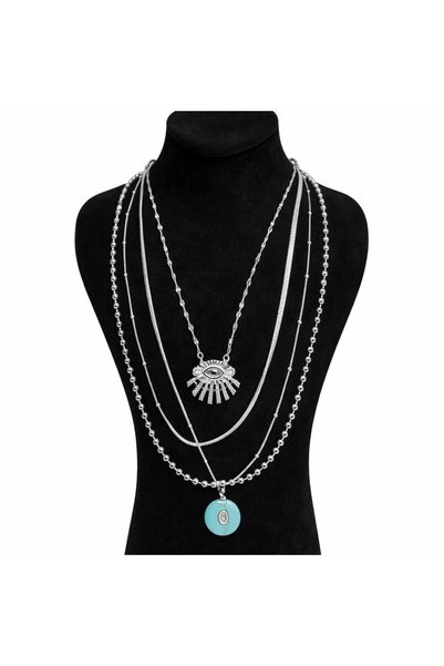 Steel Turquoise Stone and Sparkling Eye Figured 4-Piece Combination Necklace Set Silver Color
