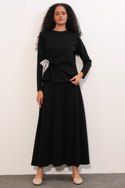 Women's Scarf Blouse Skirt Double Set 8077 - Black