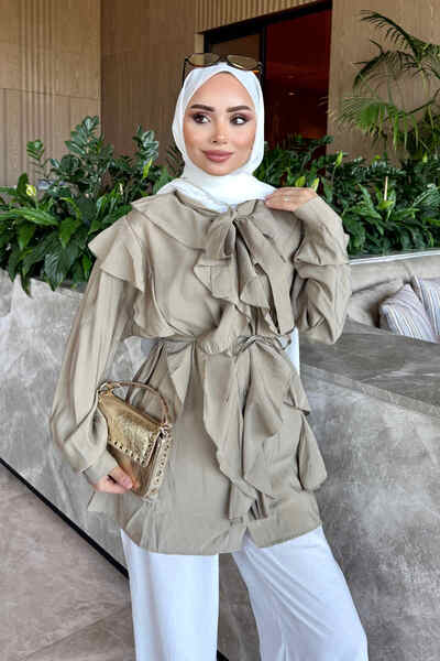 Mink Collar Tie-Front Ruffle Shirt