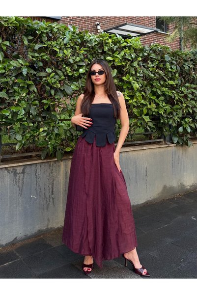 Plum Tulle Detailed Segmented Skirt - 3410