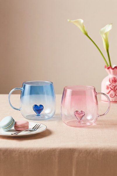Set of 2 Borosilicate Glass Hearts Mugs 400ml Heart Cup Set with Handles