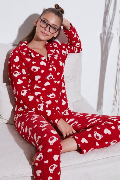 Patterned Standard Fit Buttoned Fleece Comfortable Winter Pajama Set Pajama Set 6095617