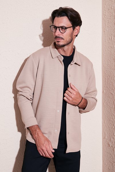 Ribbed Snap Fastener Relaxed Fit Shirt Men's SHIRT 5905510