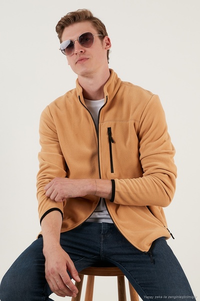 Zippered Pocket Stand Collar Fleece Cardigan Men's Cardigan 5906028