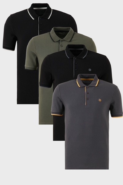 Cotton Regular Fit Stripe Detailed Buttoned Polo Collar 4-Pack t Shirt Men's t Shirt 5902118