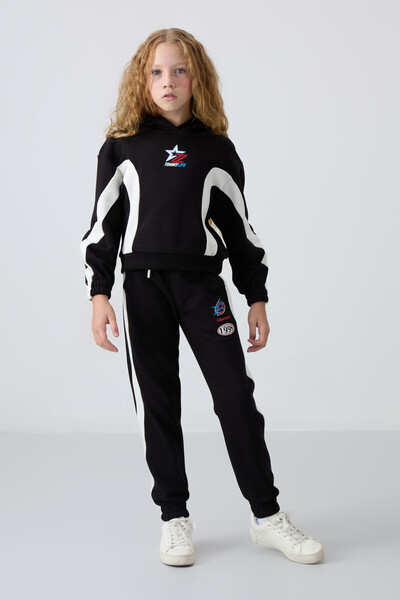 Black Cotton Soft Textured Inside Fleece Standard Fit Printed Girls' Tracksuit Set - 75166