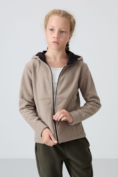 Dark Beige Thick Soft Textured Standard Fit Embroidered Fleece Girls' Sweatshirt - 75152