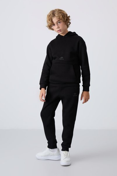 Black Cotton Thick Inside Hairy Soft Textured Standard Fit Embroidered Boy's Tracksuit Suit - 11255