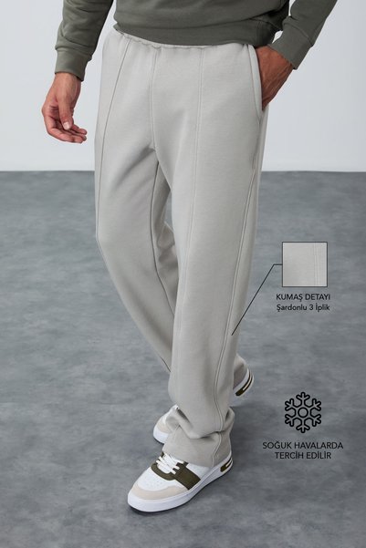 Stone Cotton Thick Fur-Lined Soft Textured Oversized Embroidered Men's Sweatpants - 82146