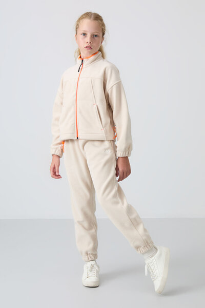 Beige Thick Soft Textured Standard Fit Embroidered Fleece Girls' Sweatpants - 75155