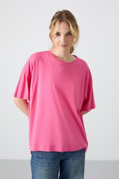 Candy Pink Combed Modal Soft Textured Oversize Fit Basic Women's T-Shirt - 97285
