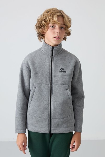 Gray Melange Cotton Thick Fleece-Lined Standard Fit Embroidered Boys' Sweatshirt - 11245