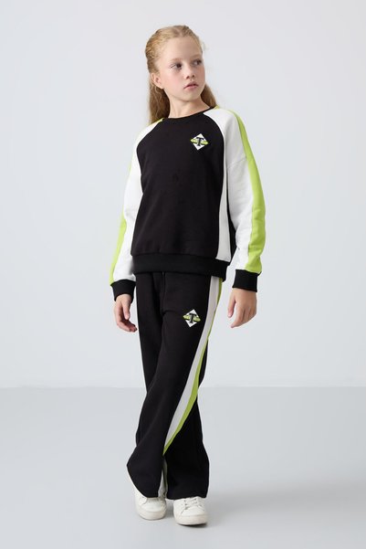 Black O Neck Wide Leg Standard Fit Printed Girl's Tracksuit Set - 75165