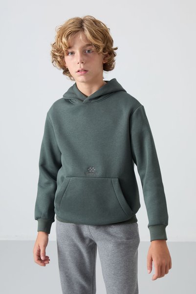 Khaki Cotton Thick Fleece Lined Soft Textured Standard Fit Printed Boys' Sweatshirt - 11215