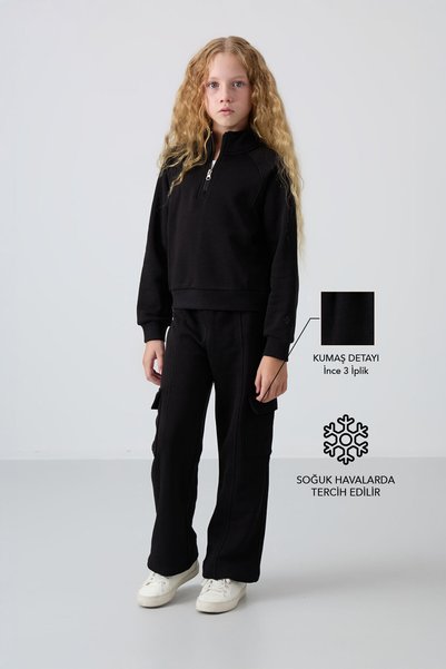 Black Cotton Hairy Inside Soft Textured Standard Fit Embroidered Girl's Tracksuit Set - 75159
