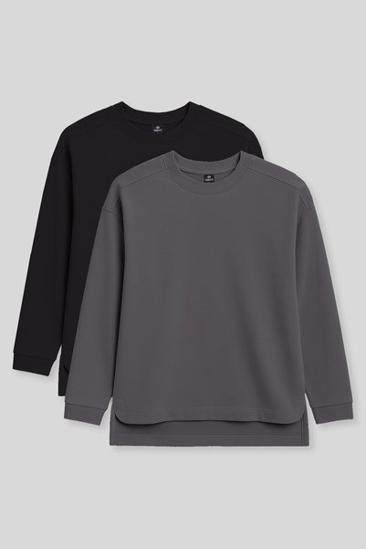 Comfortable Fit O-Neck 2-Pack Black-Dark Gray Women's Tunic Sweatshirt - 97305