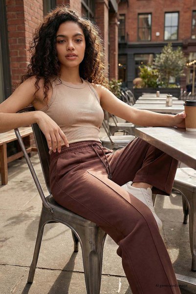 Brown Soft Textured Pocket Front Stitch Detail Women's Palazzo Pants - 94670