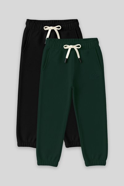 Standard Fit Basic 2-Pack Black-Pine Green Boys' Tracksuit Bottom - 11225