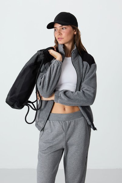 Gray Melange Thick Soft Textured Stand Collar Standard Fit Embroidered Fleece Women's Sweatshirt - 97293