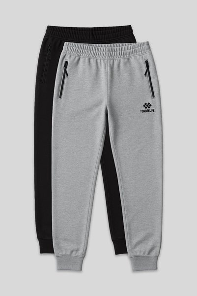 Regular Fit 2-Pack Black-Grey Melange Men's Tracksuit Bottoms - 84587