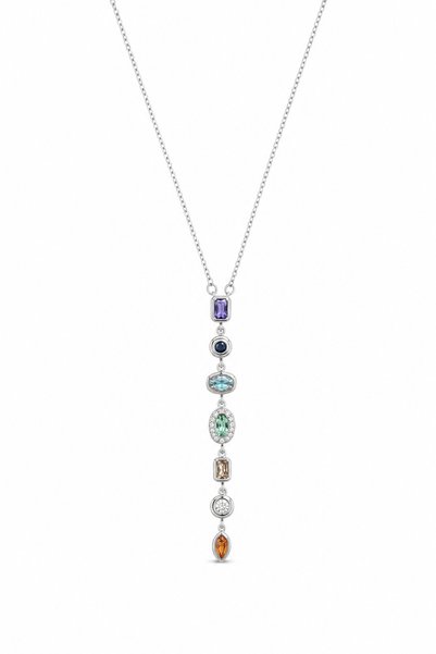 Steel Multicolor Stone Long Chain Necklace Women's Stylish Design