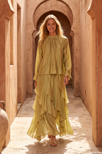 Ruffle Detail Blouse and Skirt Set 220895 Green