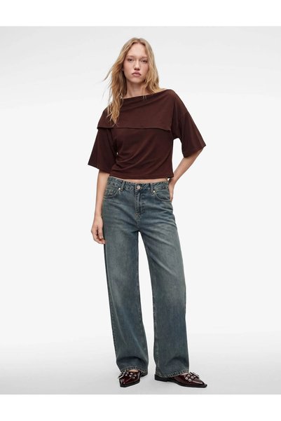 Viscose Blended Layered Collar Off-The-Shoulder Bat Sleeve Blouse