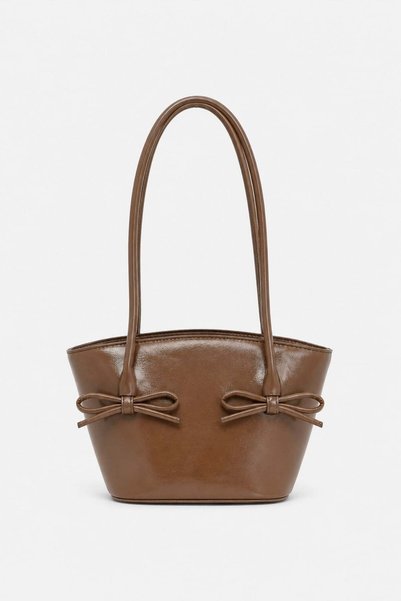 Brown Women's Patent Leather Look Bow Detailed Long Strap Shoulder Bag