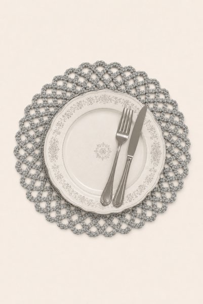 Lace Edged Round Knitted Supla Decorative Table Serving and Placemat 33-34 cm - Gray