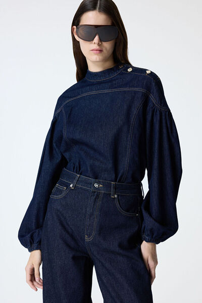 Navy Blue Denim Blouse with Buttoned Shoulders