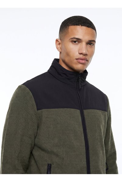 D6WM-SWT3746 Khaki Stand-up Collar Jacquard Men's Fleece Sweatshirt