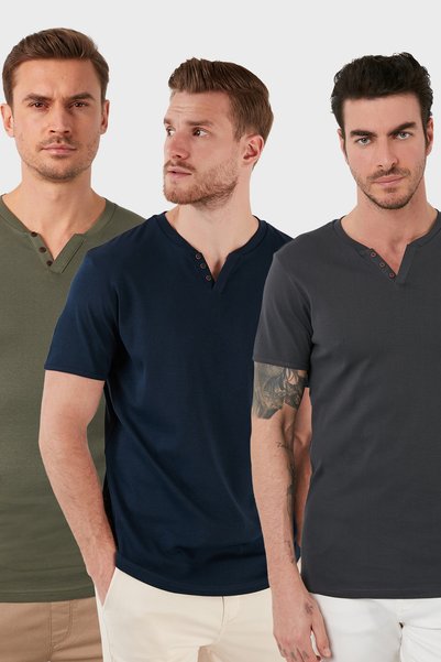 Cotton Button Detailed Regular Fit V-Neck 3-Pack t Shirt Men's t Shirt 5902122S3