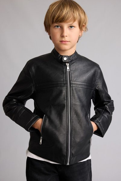 High Collar Leather Look Zippered Water Repellent Black Coat for Boys C4320A824Au