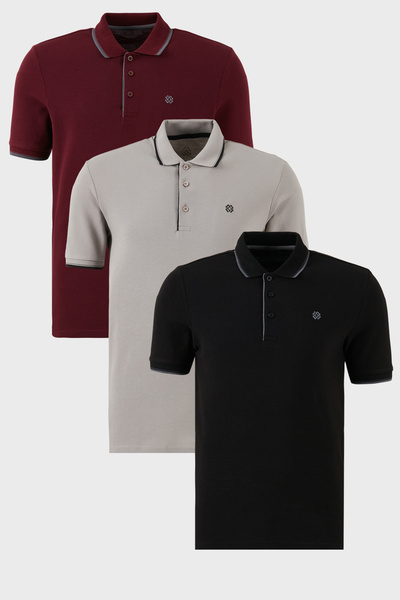 Cotton Regular Fit Stripe Detailed Buttoned Polo Collar 3-Pack t Shirt Men's t Shirt 5902118