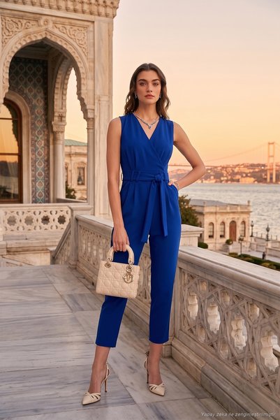 Slim Fit Straight Leg Double Breasted Collar Belted Jumpsuit Jumpsuit 6783626