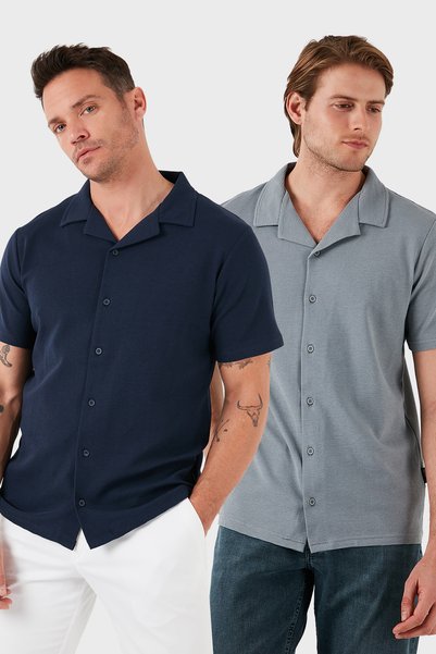 Cotton Regular Fit Short Sleeve 2'Li Package Shirt Men's Shirt 5902640S2