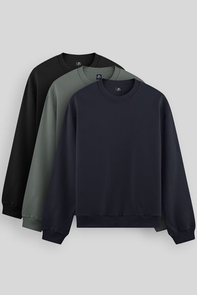 Rahat Form Basic O Neck 3-Pack Black-Navy Blue-Cağla Men's Sweatshirt 88053
