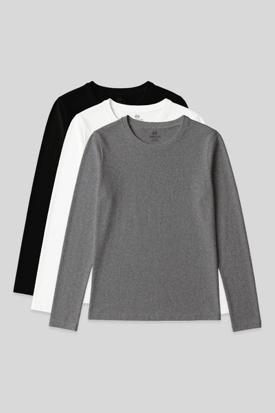 Standard Fit Basic O Neck 3 Pack Black-White-Grey Melange Women's T-Shirt - 97312