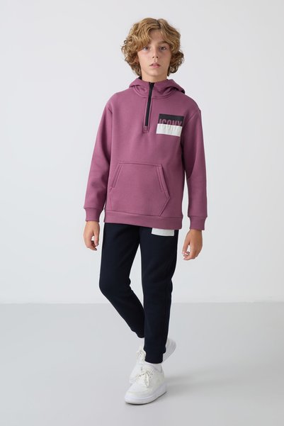 Soft Cherry-Navy Blue Cotton Thick Fleece Lined Standard Fit Printed Boys' Tracksuit Set - 11246