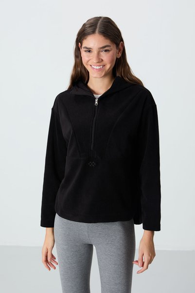 Black Thick Soft Textured Hooded Standard Fit Embroidered Fleece Women's Sweatshirt -97286