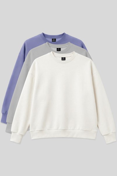 Basic Oversized O Neck 3-Pack Ecru-Stone-Light Magenta Women's Sweatshirt - 97053