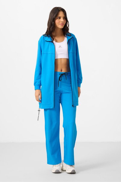 Blue Stand Collar Zippered Cotton Women's Tracksuit Tunic Suit - 95346