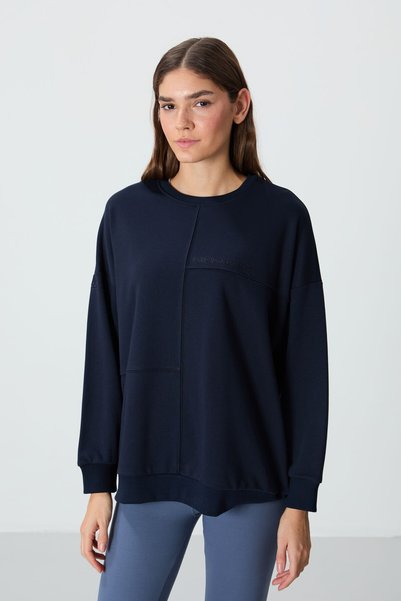 Indigo Compact Cotton Thick Smooth Textured O-Neck Oversize Fit Women's Sweatshirt - 97288