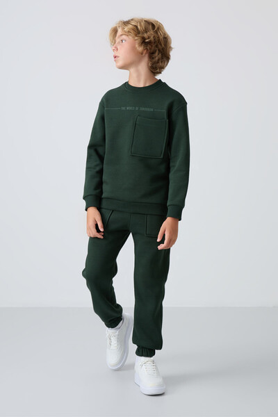 Pine Green Cotton Thick Fleece Lined Standard Fit Printed Boys' Tracksuit Set - 11257