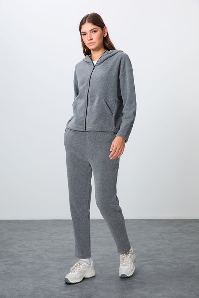 Gray Melange Thick Soft Textured Hooded Comfortable Fit Embroidered Fleece Women's Tracksuit Set -95338