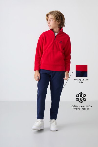 Red-Navy Thick Soft Textured Standard Fit Embroidered Fleece Boy's Tracksuit Set - 11218